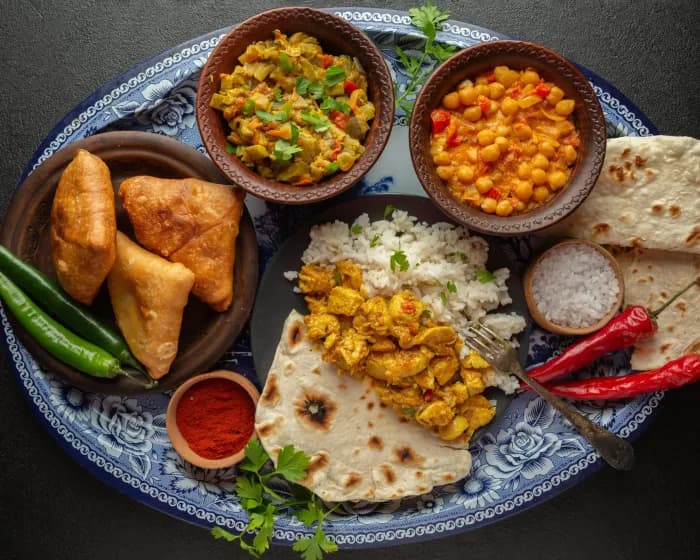 Platter of assorted Indian dishes from The Turmeric